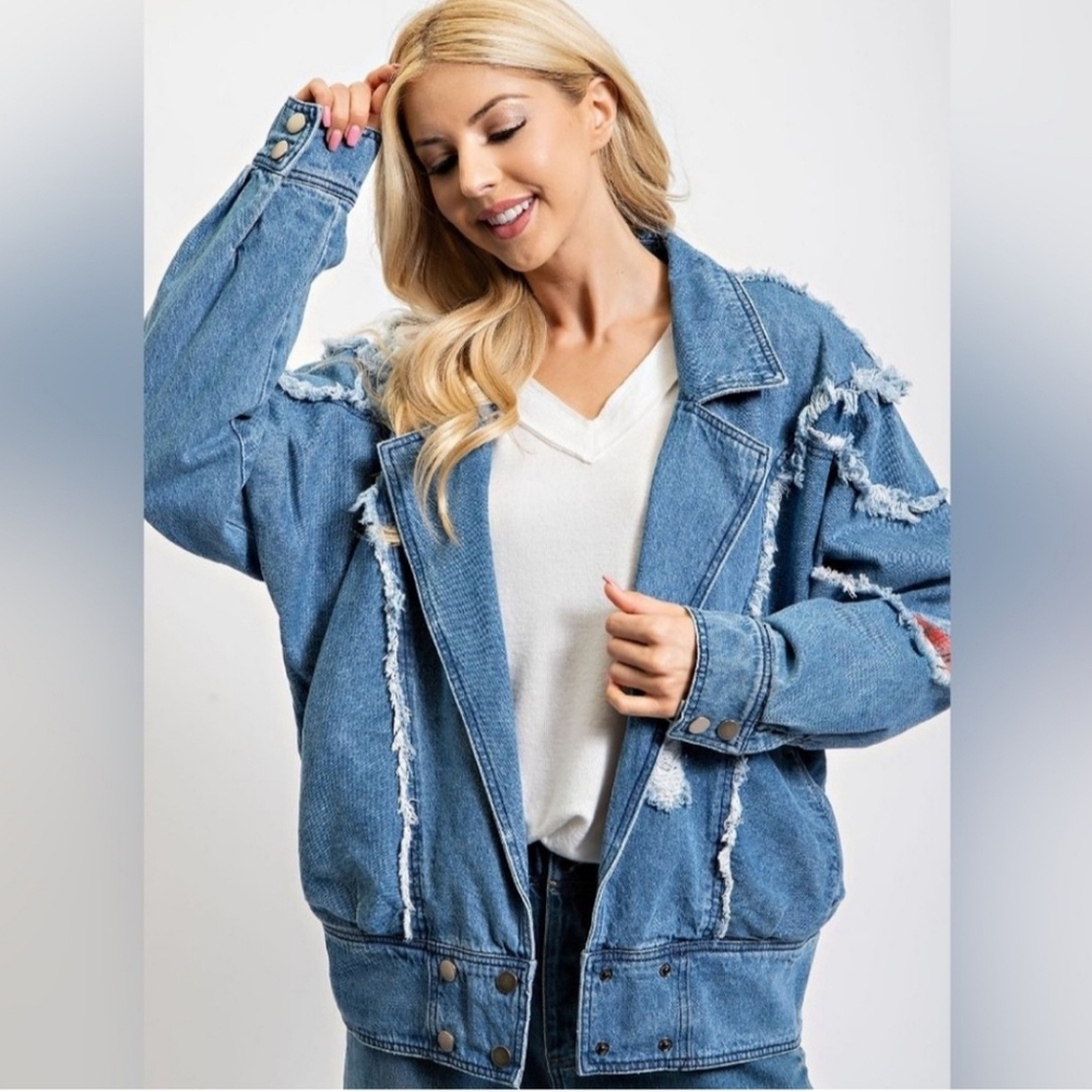 E28 easel new nwt bomber denim distressed jacket small medium large